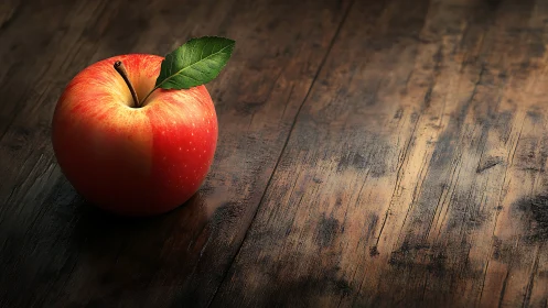 Red apple with leaf on rustic wooden table surface.