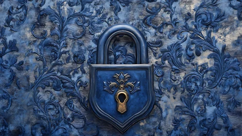 Ornate blue padlock resting in swirling floral patterns.