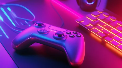 Neon gaming controller rests beside illuminated RGB keyboard