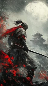 Lone samurai under stormlit moon guarding distant temple.