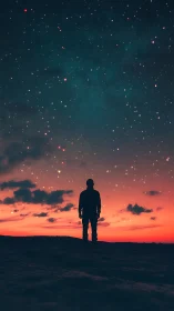 Silhouette observer under star-dense twilight sky gradient