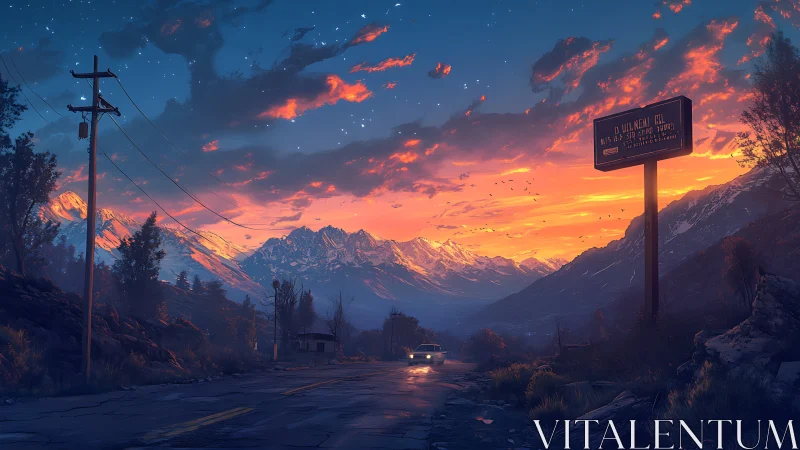 Cinematic mountain highway at dusk with volumetric sky lighting