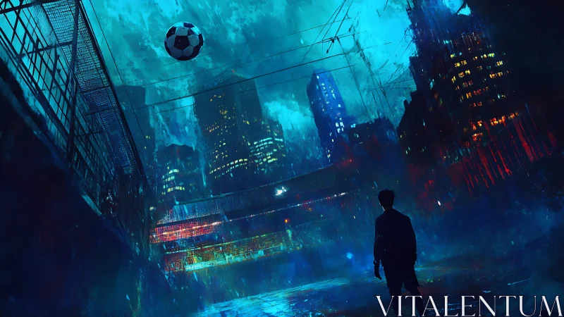 Neon city street football under stormlit urban skyline.