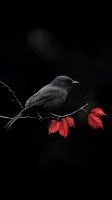 Bird Perched on Branch with Crimson Leaves.