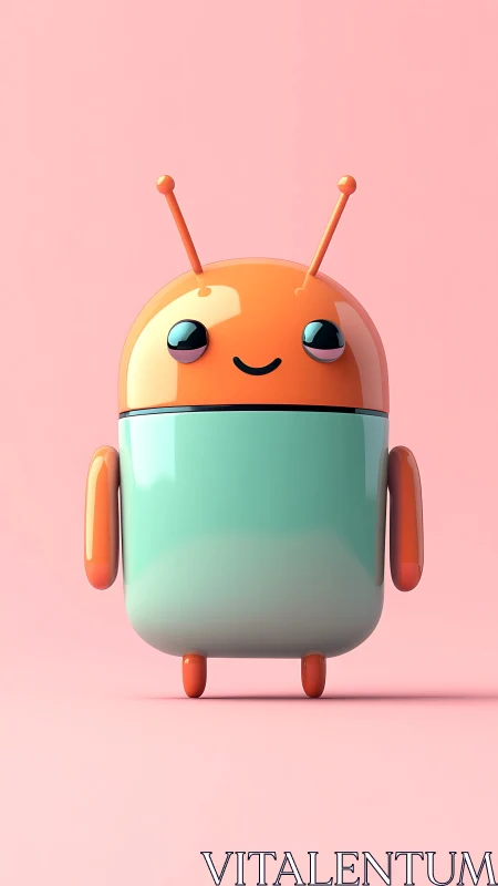 Candy-coated robot buddy beams on pastel pink stage.