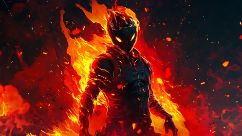Flame engulfed humanoid figure in dark digital environment.