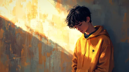 Boy in yellow hoodie stands in moody slanting sunlight.