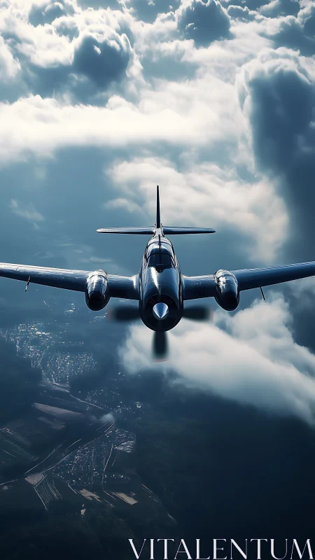 Storm-slicing twin-engine aircraft glides above brooding clouds.