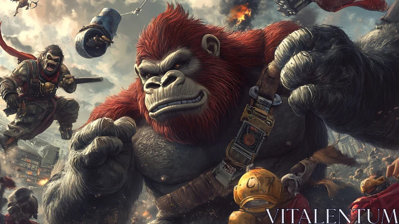 Giant red-furred gorilla leads chaotic futuristic city battle.