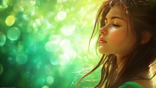 Side profile of young woman against green bokeh background.