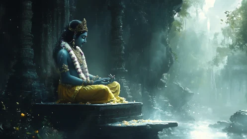 Blue-skinned deity meditating on stone ledge in misty gorge