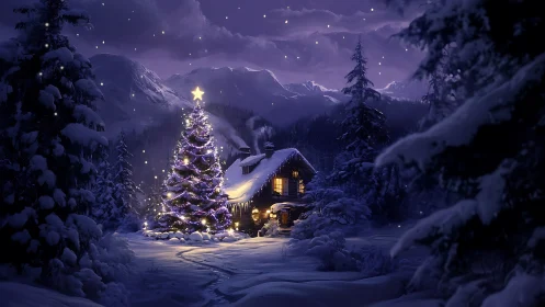Snowlit cabin and glowing Christmas tree under winter sky.