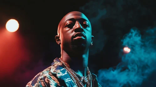 Portrait of man under colored stage lights and smoke.