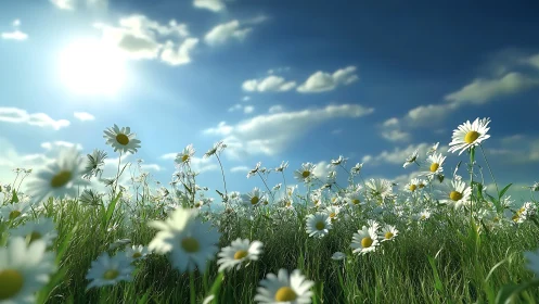 Photorealistic low-angle meadow of sunlit white daisies.