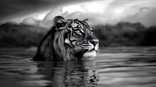 Majestic tiger emerges in still water under brooding skies.