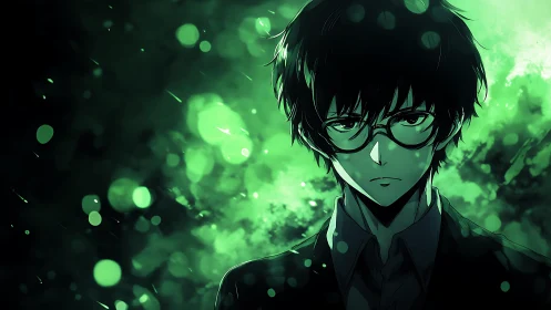 Brooding anime strategist bathed in electric emerald light.
