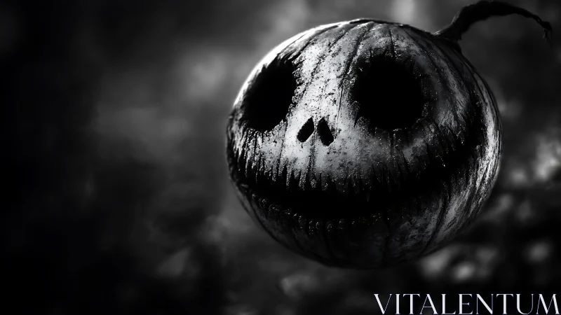 Monochrome carved pumpkin face in misty dark setting.