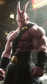 Menacing pink warrior dominates a moody urban battleground