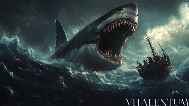 Giant shark lunges from stormy ocean toward sailing ship