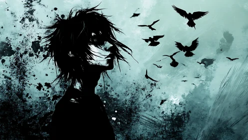 Solitary silhouette merges with storm of dark birds