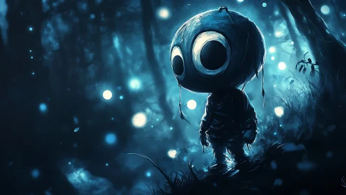 Small alien wanderer glows inside deep bioluminescent forest.