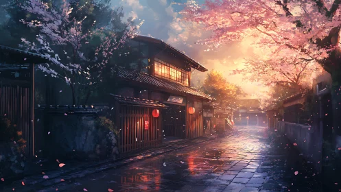 Traditional street with cherry blossoms at wet sunset light.