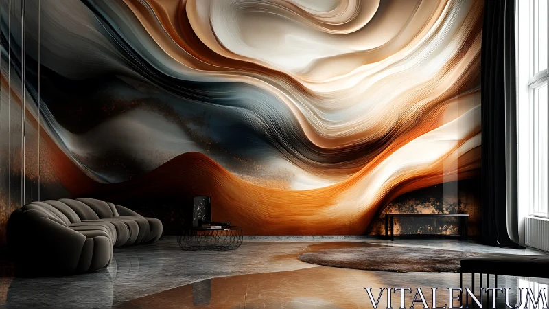 Swirling abstract wall art transforms a luxurious modern lounge