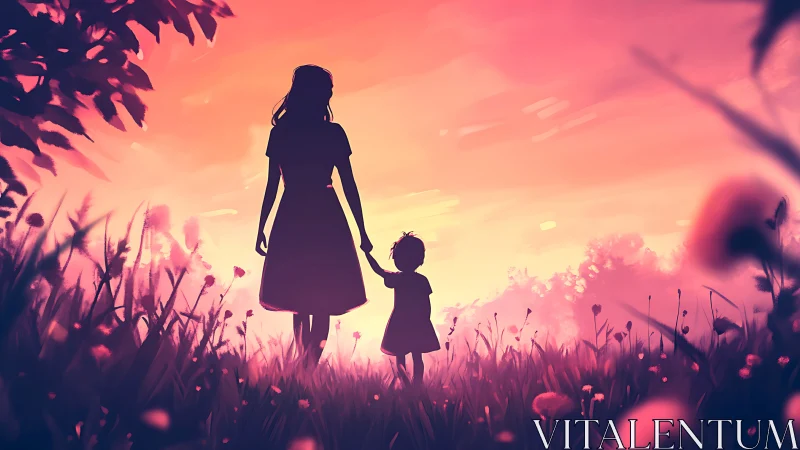 Silhouetted adult and child stand in backlit field at sunset