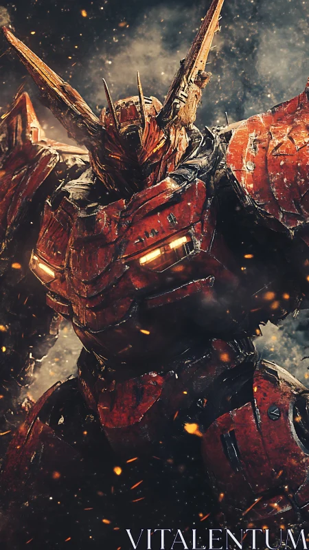 Heavily armored red mech stands in smoke and glowing debris