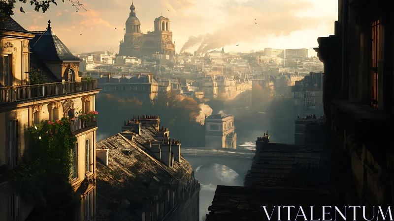 Golden evening light drifts over a dreamy riverside cityscape