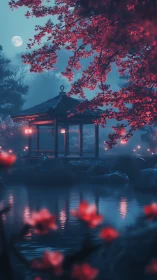 Moonlit lakeside pavilion framed by glowing crimson blossoms