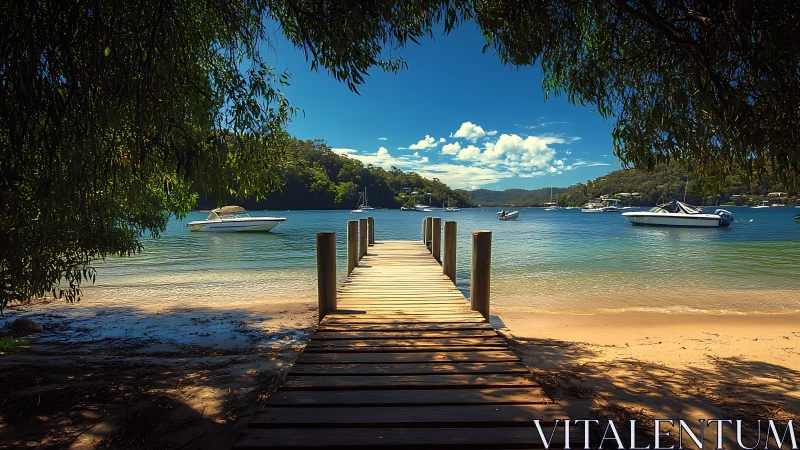 Wooden Pier Extends Into Turquoise Waters Under Clear Blue Sky
