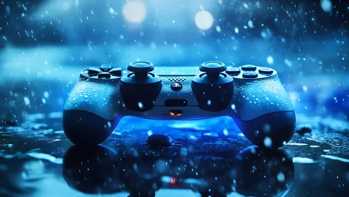 Gaming controller positioned in shallow water with particle rain effect