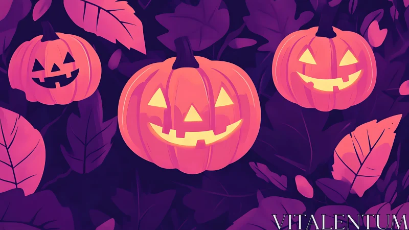 Glowing jack o&rsquo;lantern friends lighting a cozy leaf patch.