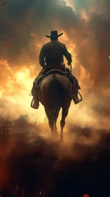 Lone cowboy on horseback crossing a wildfire dusk plain.