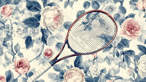Tennis daydream racquet drifting through vintage florals.
