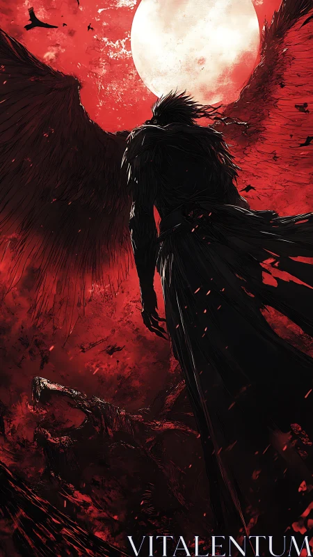 Winged dark figure under blood moon in crimson storm sky.