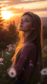 Backlit portrait of young woman in wildflower field at sunset