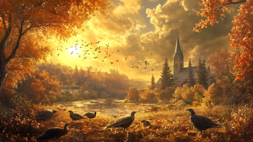 Autumn river landscape with church, trees and ground birds.