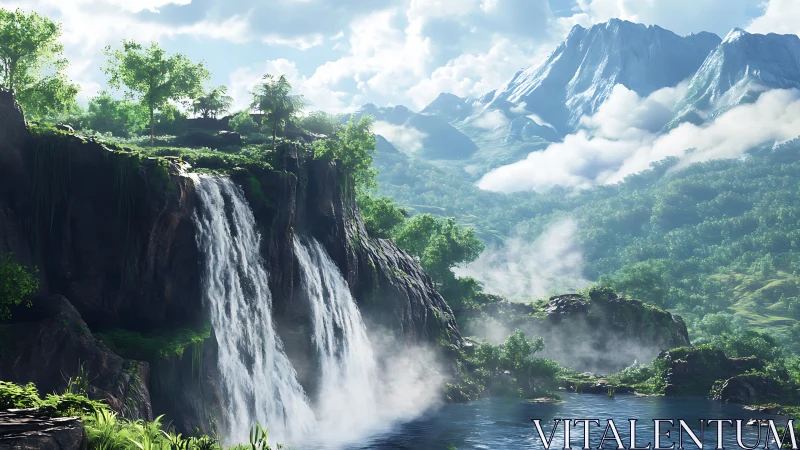 Mountain waterfall in dense green valley under clouds.