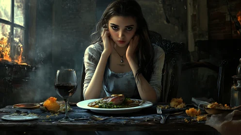 Somber young woman sits at a lonely, half-eaten dinner table