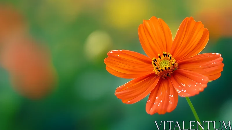 Bright orange garden flower opens gently against soft green
