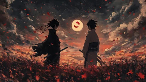 Dueling silhouettes beneath a crimson omen moon at dusk.