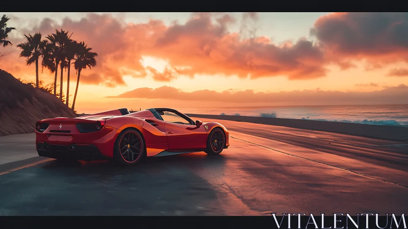 Red sports convertible is parked on a reflective coastal road