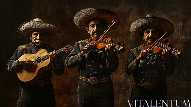 Triptych portrait of mariachi string ensemble under studio lighting.