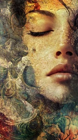 Dreaming face merges with ornate abstract textures, glowing