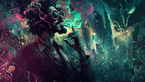 Urban smoker exhales neon vapor over surreal cyber city