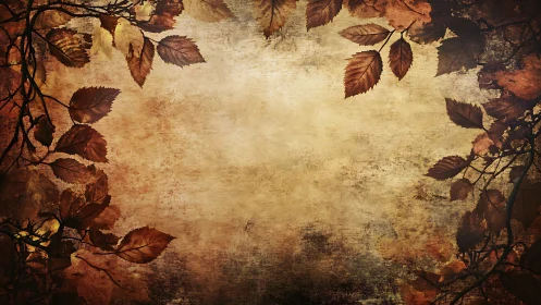 Dry autumn foliage border surrounding textured brown background.