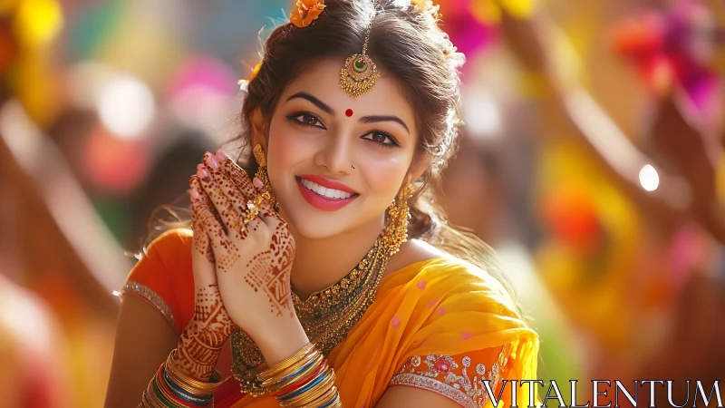 Joyful Indian woman in traditional attire celebrating festival, vibrant style.