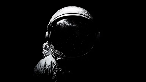 Isolated astronaut helmet reflecting star field at center.